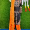 Black and Orange Cotton Shalwar Kameez Set with Embroidery and Long Dupatta