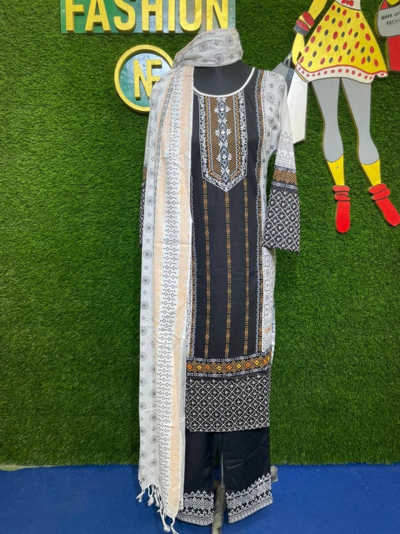 Black and White Cotton Shalwar Kameez Set with Embroidery and Long Dupatta