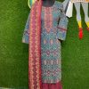 Dark Teal and Maroon Cotton Shalwar Kameez Set with Embroidery and Printed Dupatta