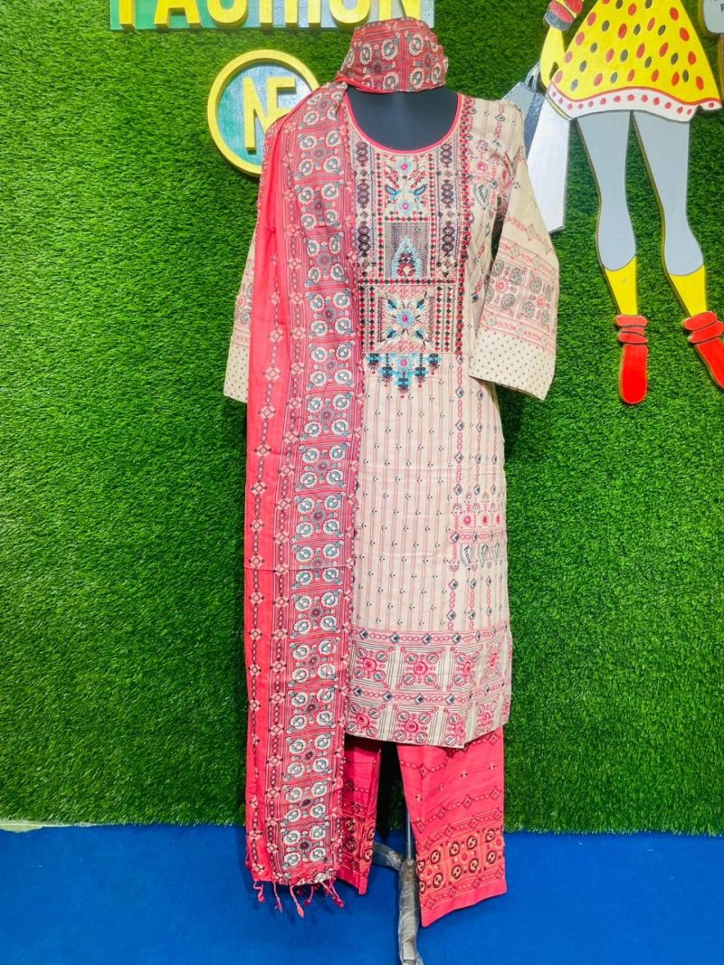 Dusty Pink and Biscuit Cotton Shalwar Kameez Set with Embroidery and Long Dupatta