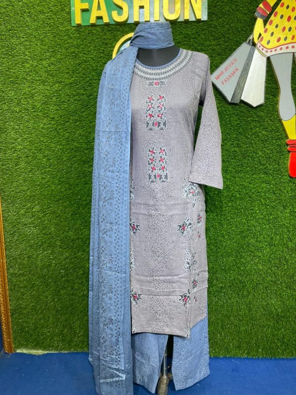 Gray and SkyBlue Cotton Shalwar Kameez Set with Embroidery and Matching Dupatta