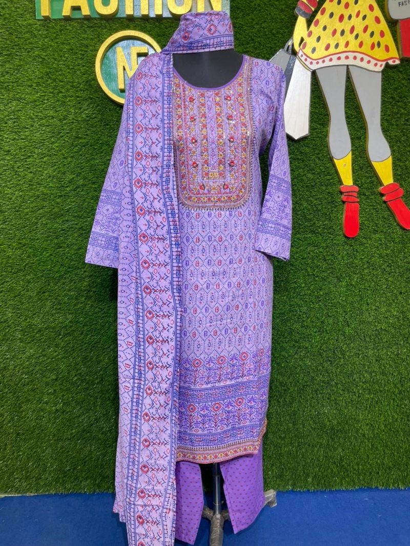 Lavender Cotton Shalwar Kameez Set with Embroidery and Matching Dupatta