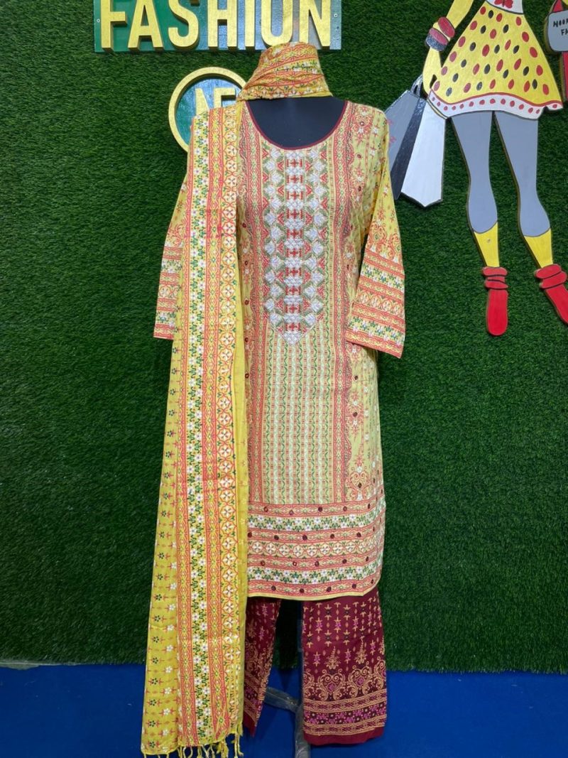 MultiColour Cotton Shalwar Kameez Set with Embroidery and Printed Dupatta