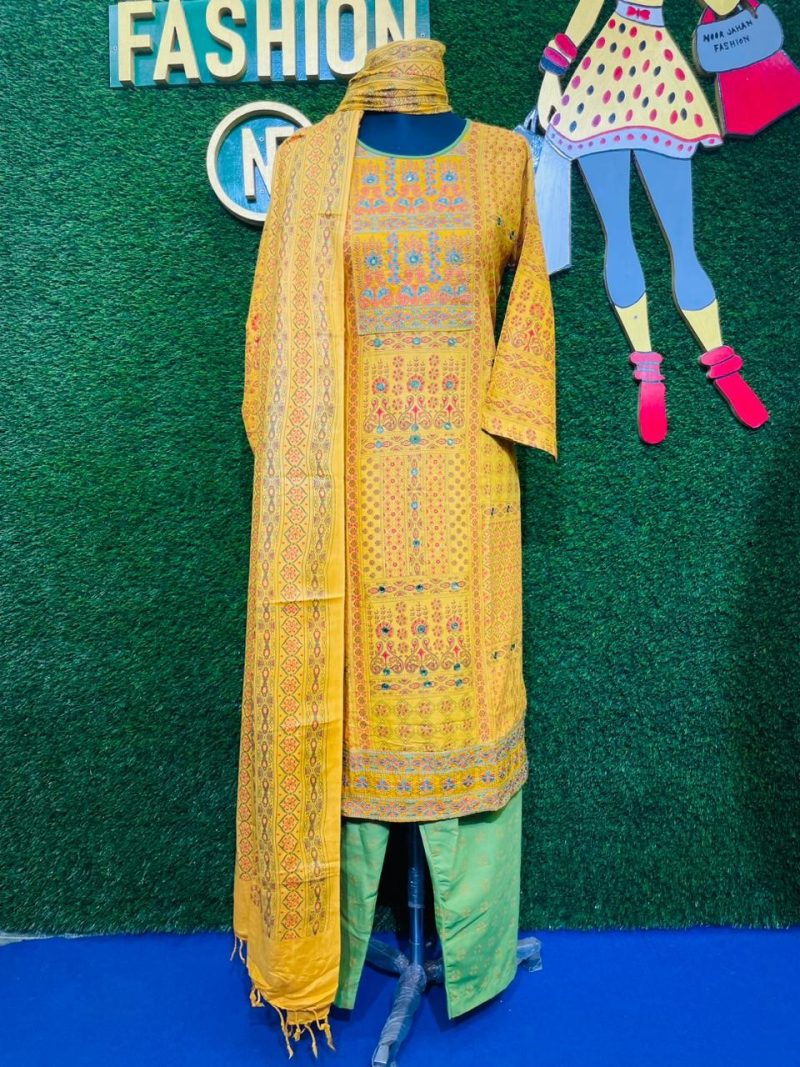 Mustard and Pastel Cotton Shalwar Kameez Set with Embroidery, Glass Work, and Long Dupatta