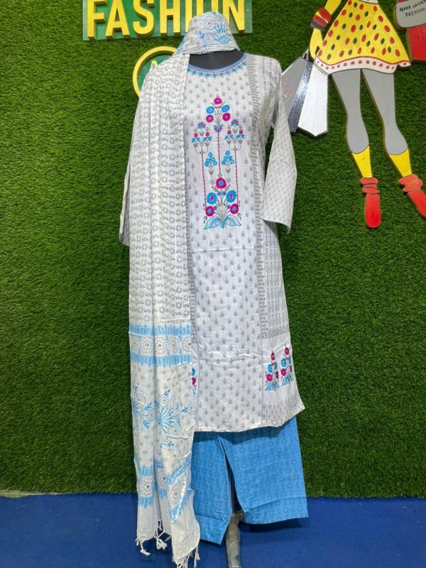 Off White Cotton Shalwar Kameez Set with Embroidery and Long Dupatta