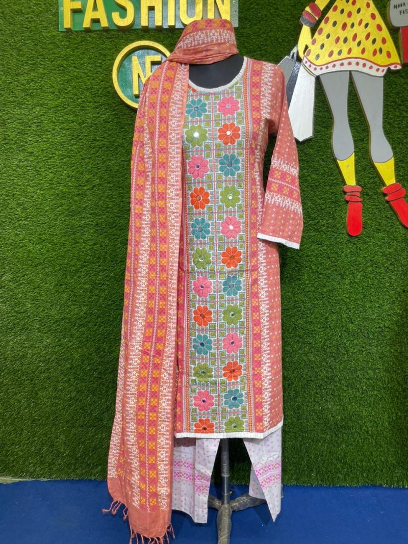 Peach Shalwar Kameez Set with Multicolour Print and Embroidery