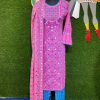 Pink and SkyBlue Cotton Shalwar Kameez Set with Embroidery, Glass Work, and Long Dupatta