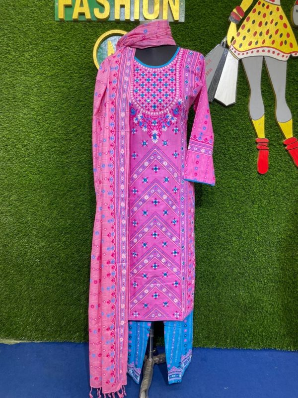 Pink and SkyBlue Cotton Shalwar Kameez Set with Embroidery, Glass Work, and Long Dupatta