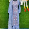 SkyBlue and White Cotton Shalwar Kameez Set with Embroidered Kameez and Long Dupatta