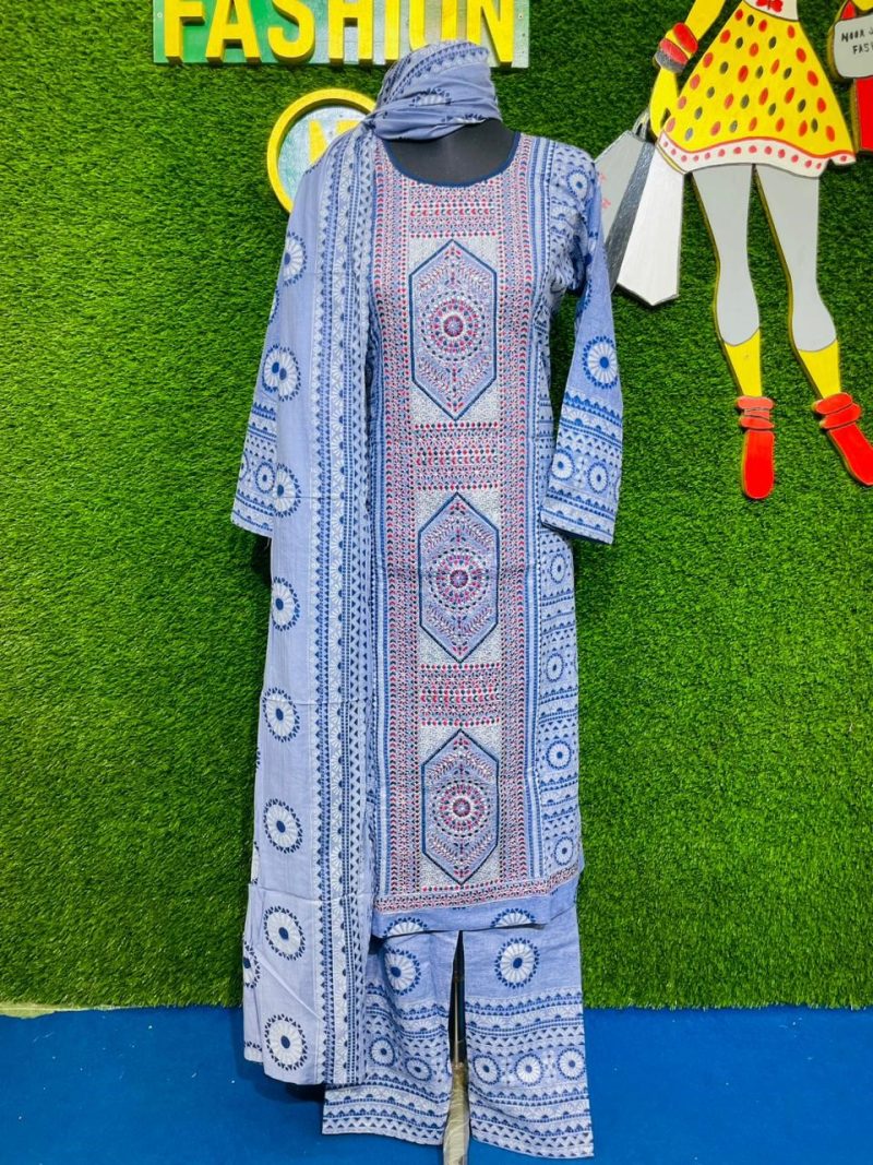 SkyBlue and White Cotton Shalwar Kameez Set with Embroidered Kameez and Long Dupatta